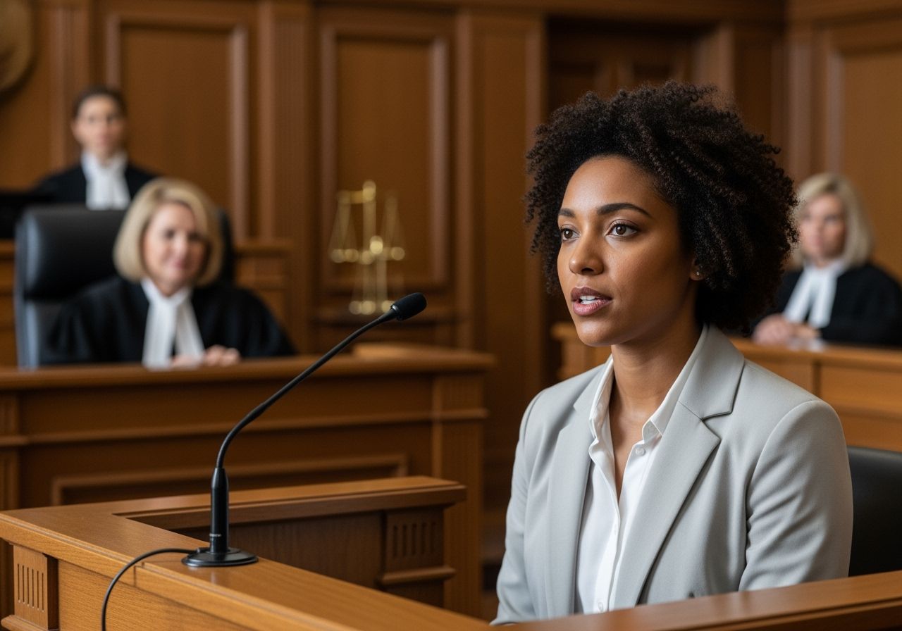 Žena svědek svědčí v soudní síni, soudce a právníci jsou rozmazaní v pozadí.