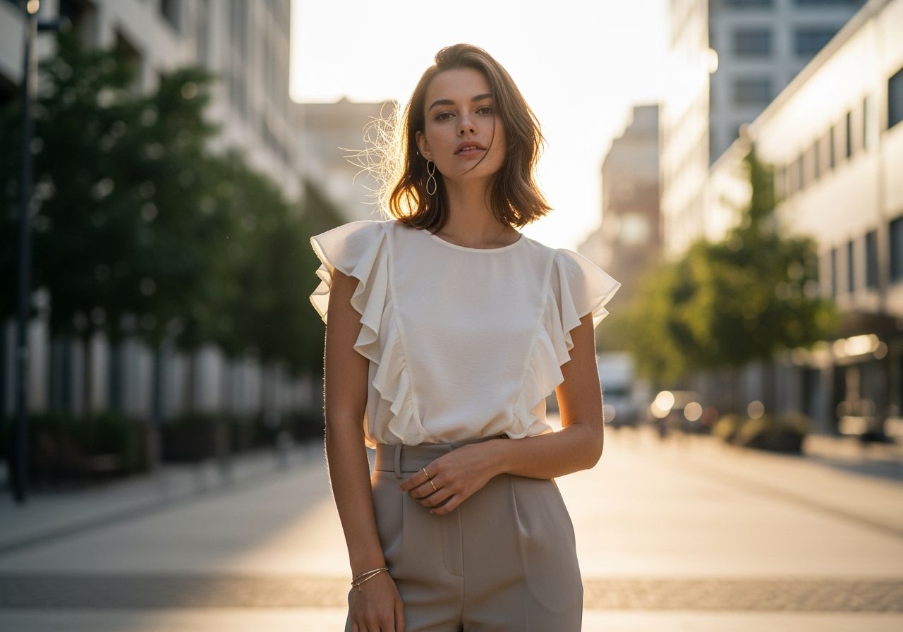 Mladá žena v lehké blůze s volány stojí ve městě za zlaté hodiny, jemné pohyby látky při větru