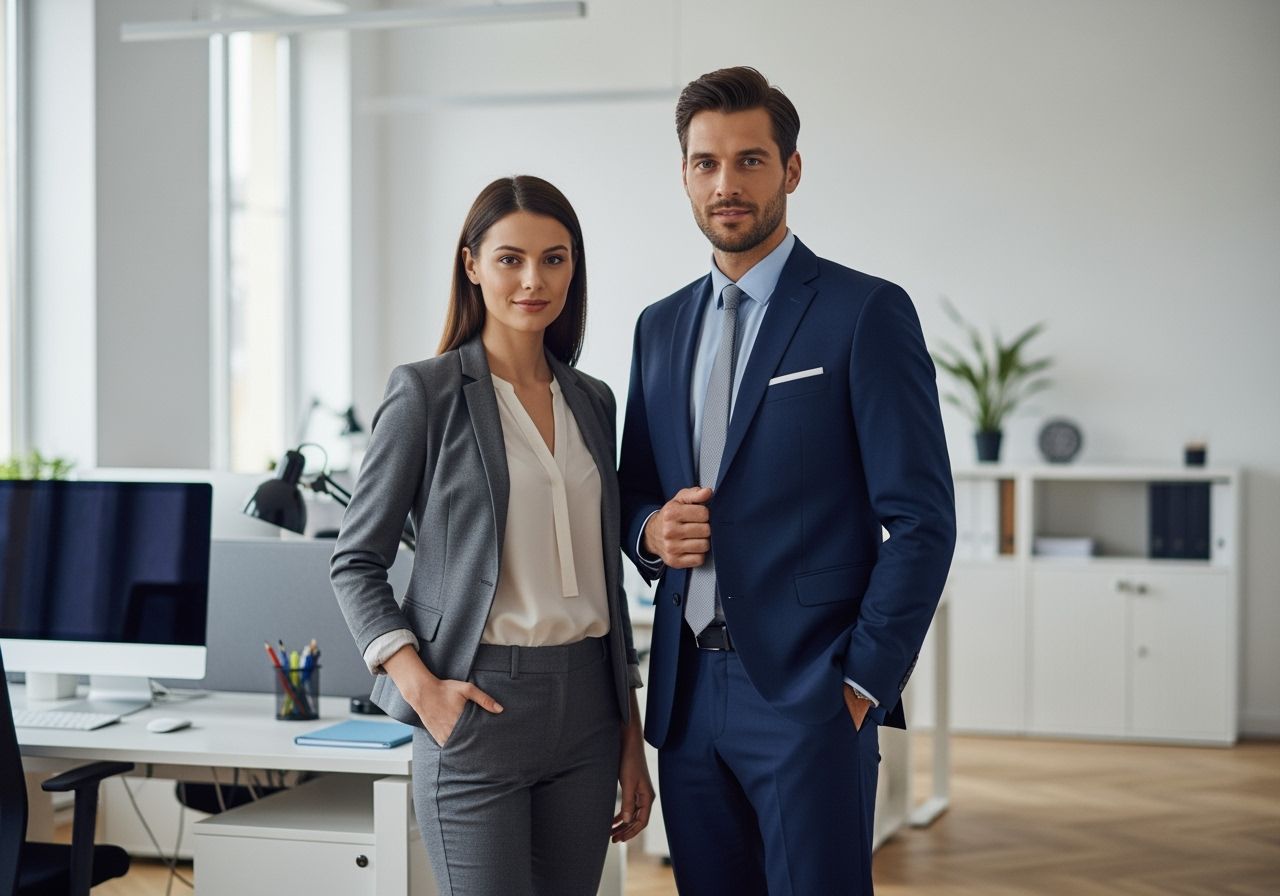 Profesionální muž a žena v moderní kanceláři, oba v business oblečení, přirozené osvětlení, ostrý fokus.