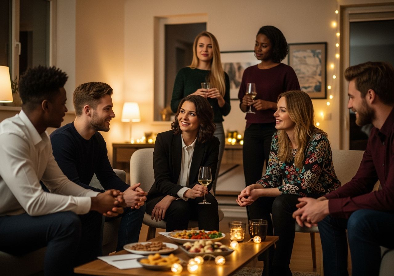 Skupina mladých dospělých na domácí párty, žena drží sklenku vína, přátelé se smějí v obýváku.