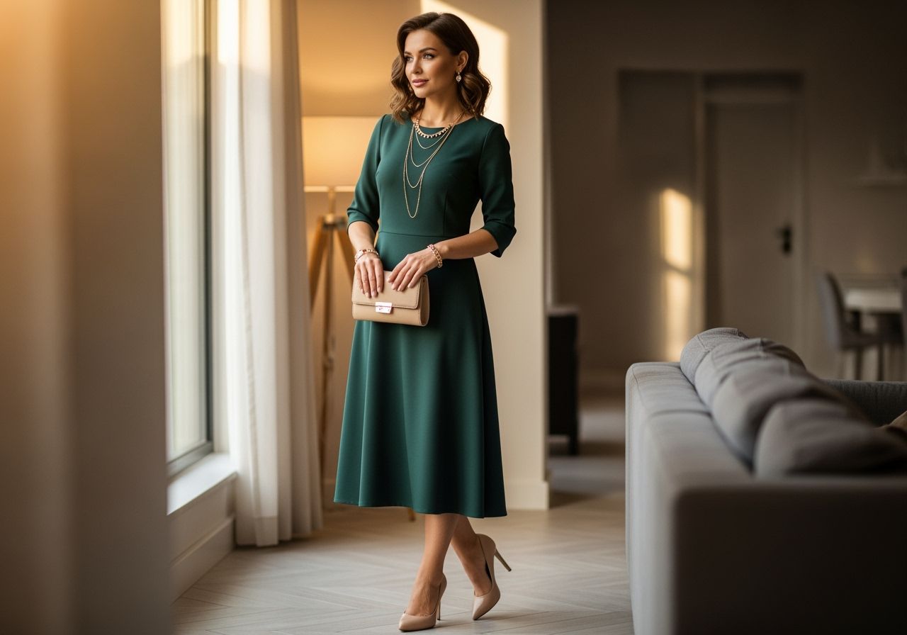 Žena v tmavě zelených šatech s jemnými zlatými šperky a béžovou kabelkou v moderním interiéru.