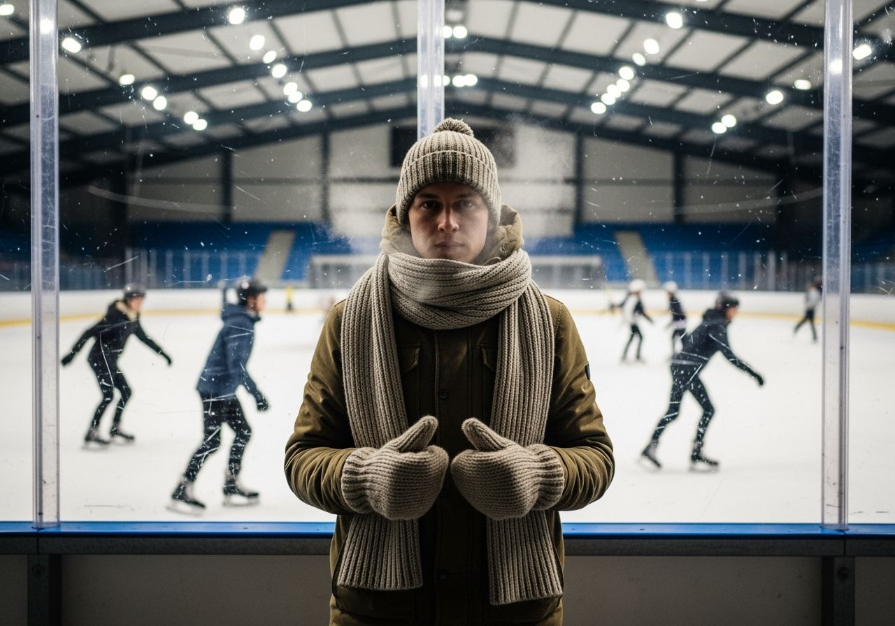Osoba v zimním oblečení stojí u ledové plochy s bruslaři za sklem v krytém zimním stadionu.