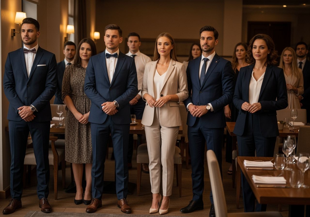 Skupenství profesionálů ve formálním oblečení připravujících se na firemní večeři v restauraci