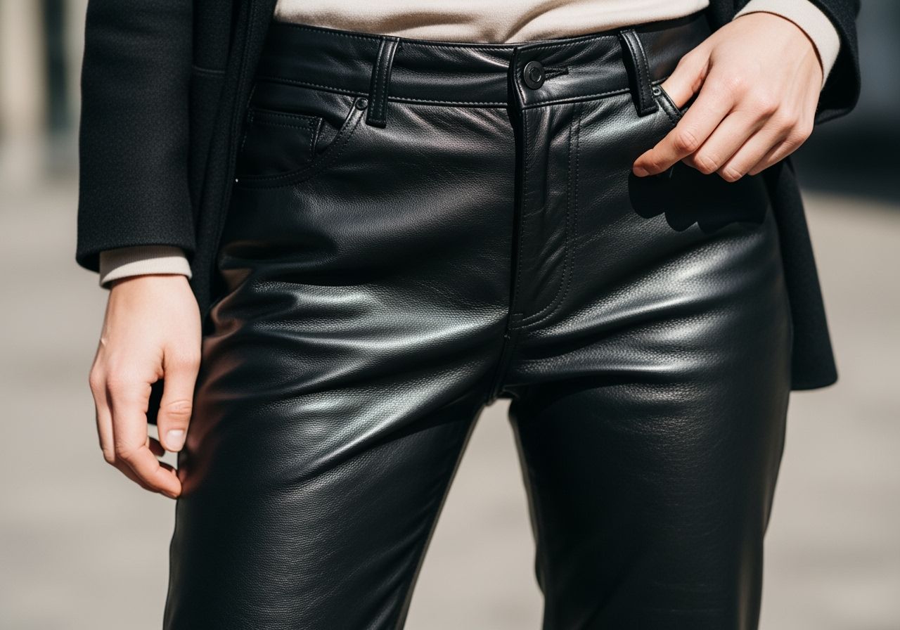Detailní záběr černých kožených kalhot na městské ulici s přirozeným světlem a švovým vzorem.