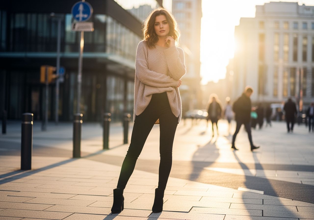 Mladá žena v černých legínách a béžovém svetru stojí na městské ulici za zlaté hodiny.