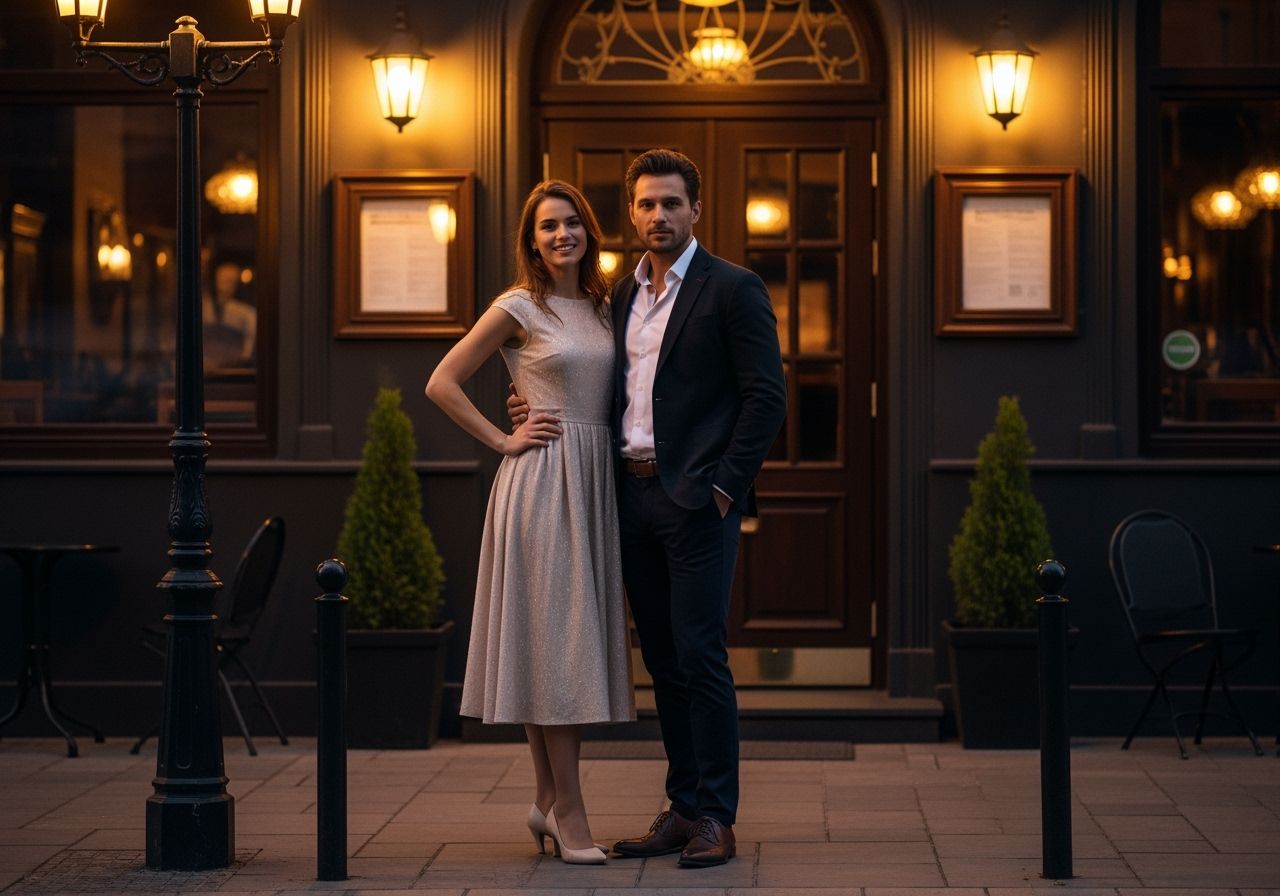 Elegantní pár před jazzovým klubem za soumraku pod teplým světlem lamp.