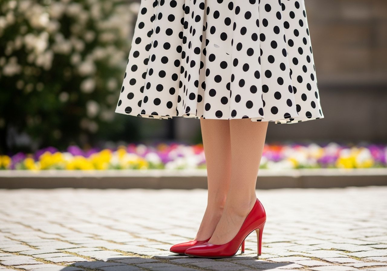 Žena v bílých šatech s černými puntíky a červených vysokých podpatcích na dlážděné ulici.