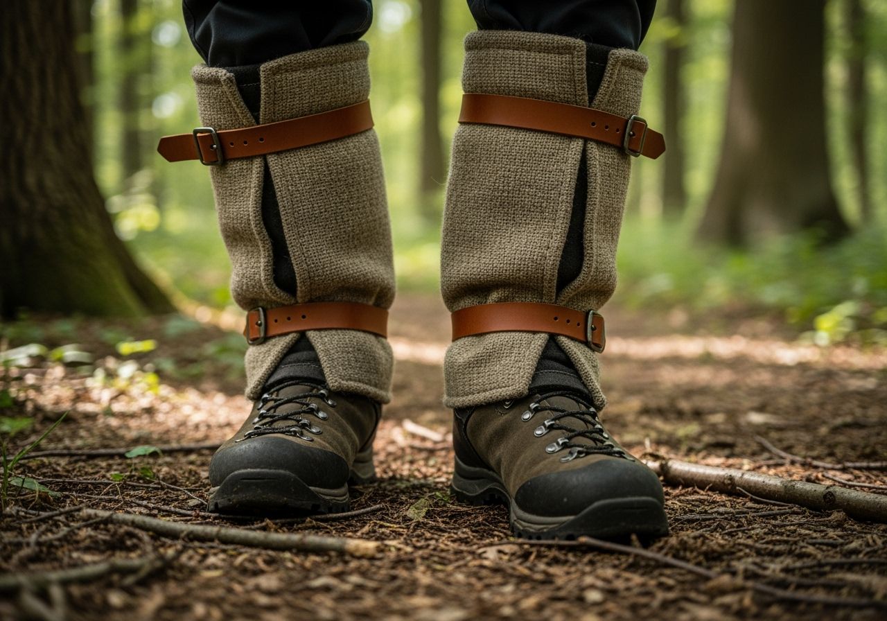 Detailní záběr nohou s koženými a vlněnými návleky na pevné turistické boty v přírodní lesní scéně.