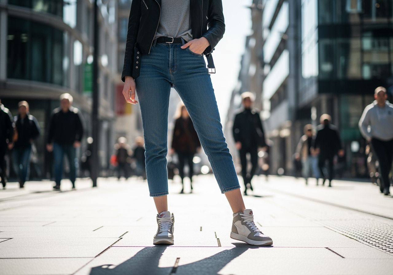 Mladá žena vymodlená na ulici v městském prostředí s vysokými teniskami a módním oblečením