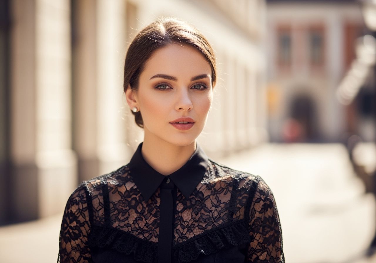 Žena v černé krajkové blůze v městském prostředí, s přirozeným osvětlením a jemným líčením.