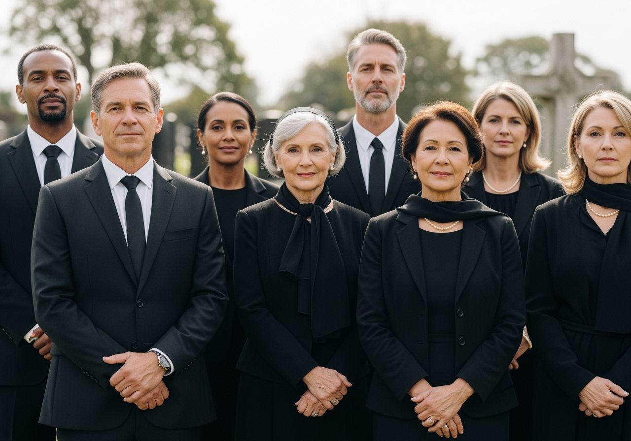 Skupina dospělých v tradičním pohřebním oblečení venku s pietními výrazy tváří, hřbitov v pozadí