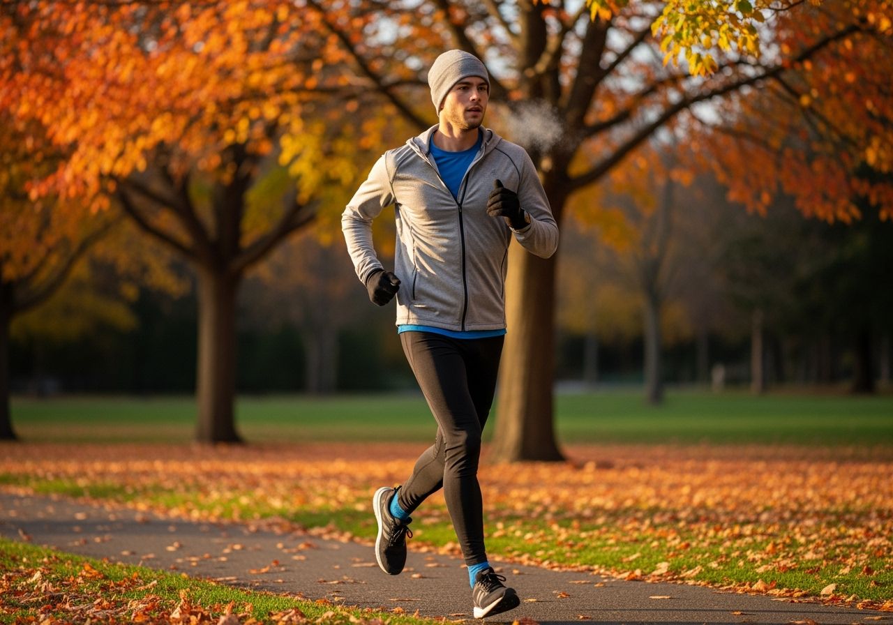 Mladý běžec v podzimním oblečení běží parkem mezi listy za teplého světla.