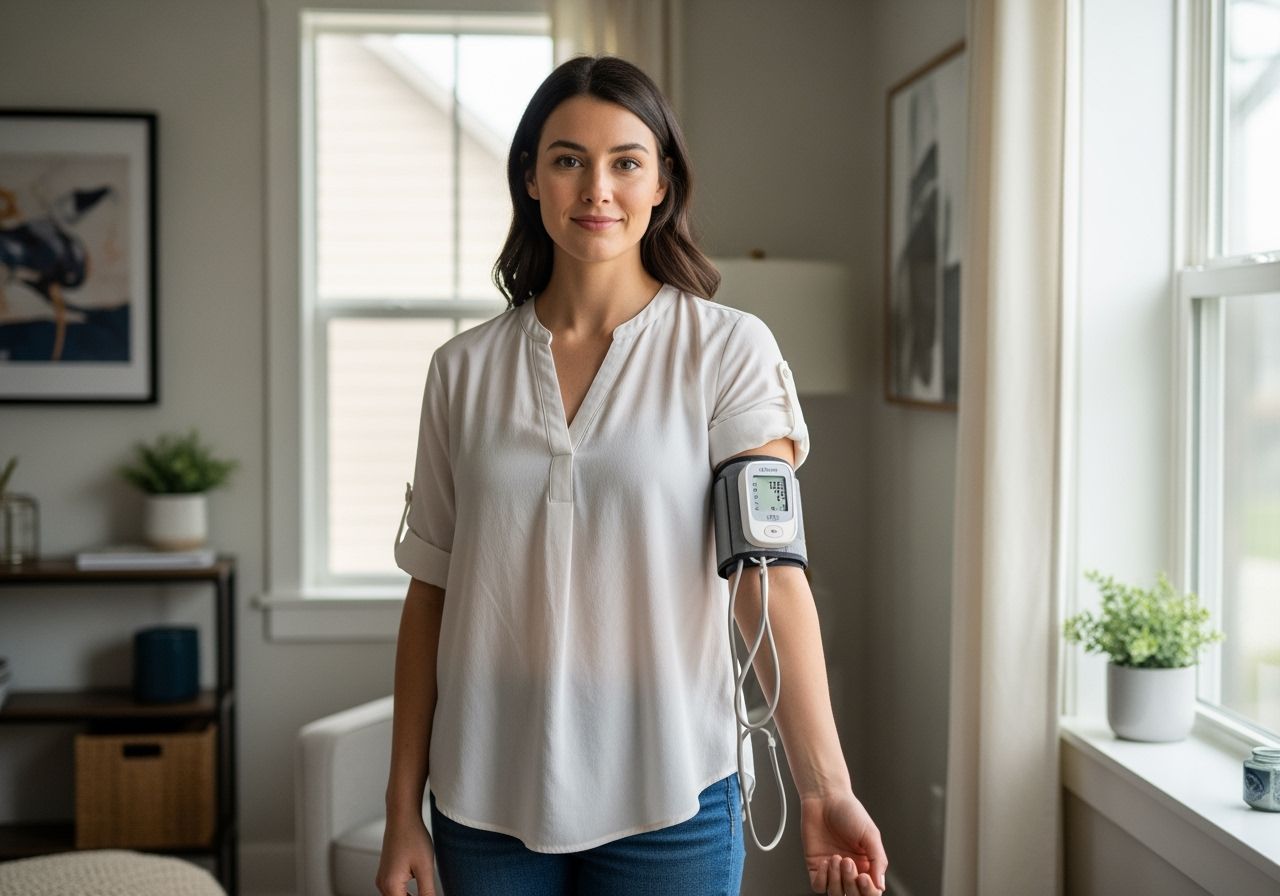 Mladá žena s měřičem krevního tlaku na paži stojí u okna v moderním obývacím pokoji