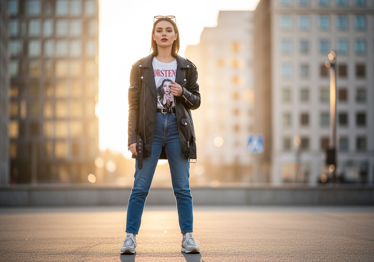 Mladá žena v městském prostředí za zlaté hodiny v oversized kožené bundě a džínech.