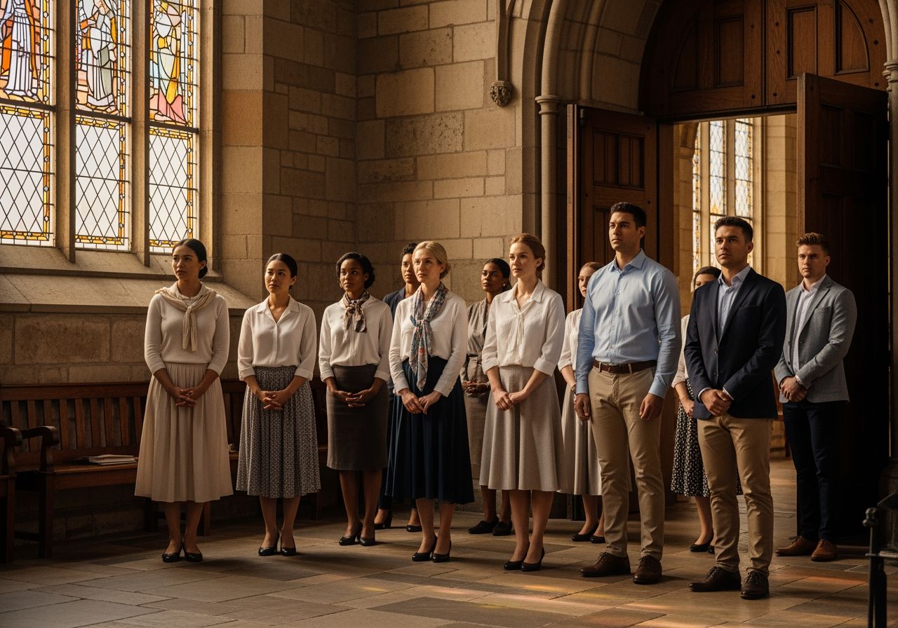 Skupina lidí u vchodu do historického kostela v úctivém a klidném prostředí.