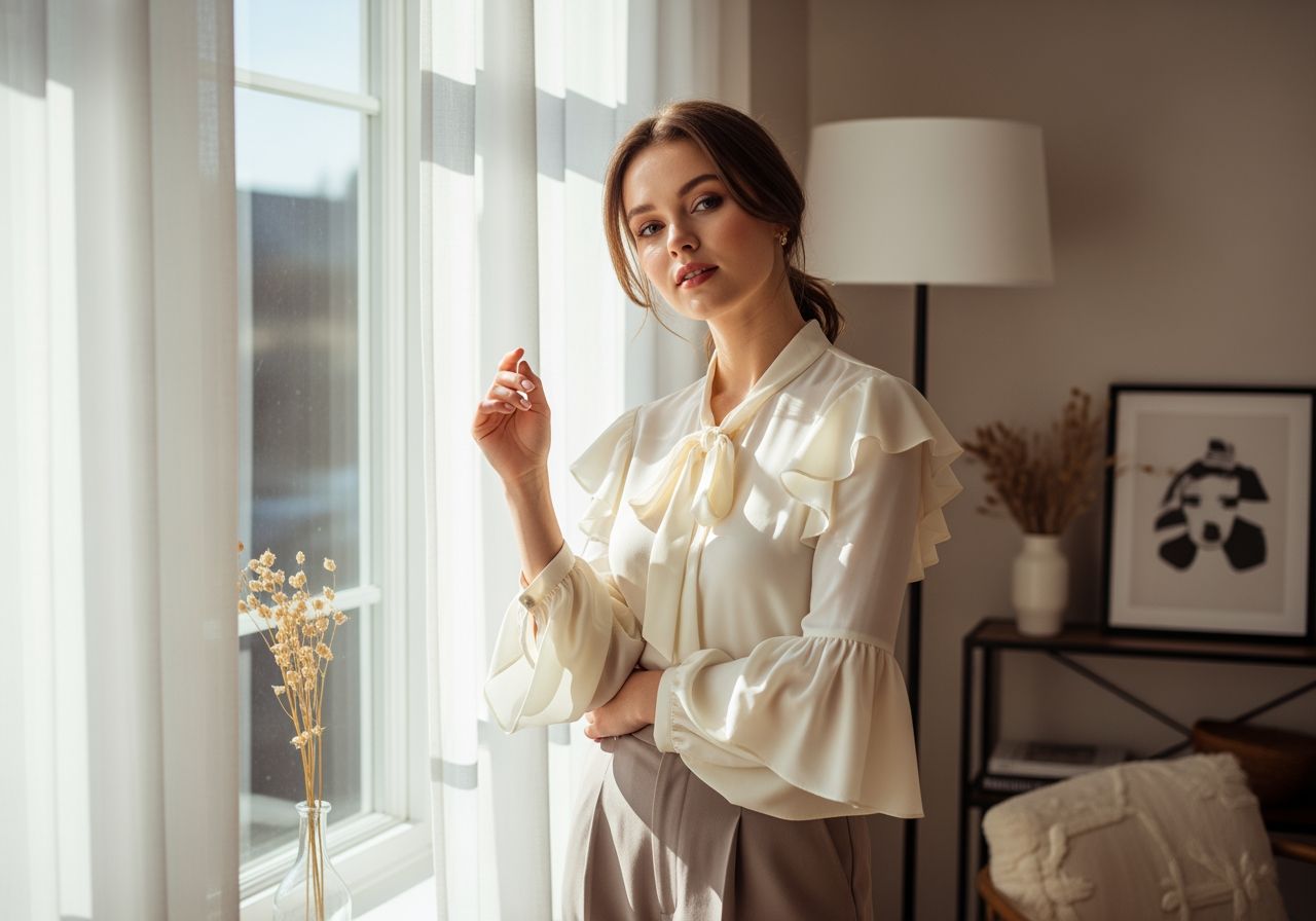Mladá žena u okna v krémové blůze s volány a kalhotách, v minimalistickém skandinávském interiéru.