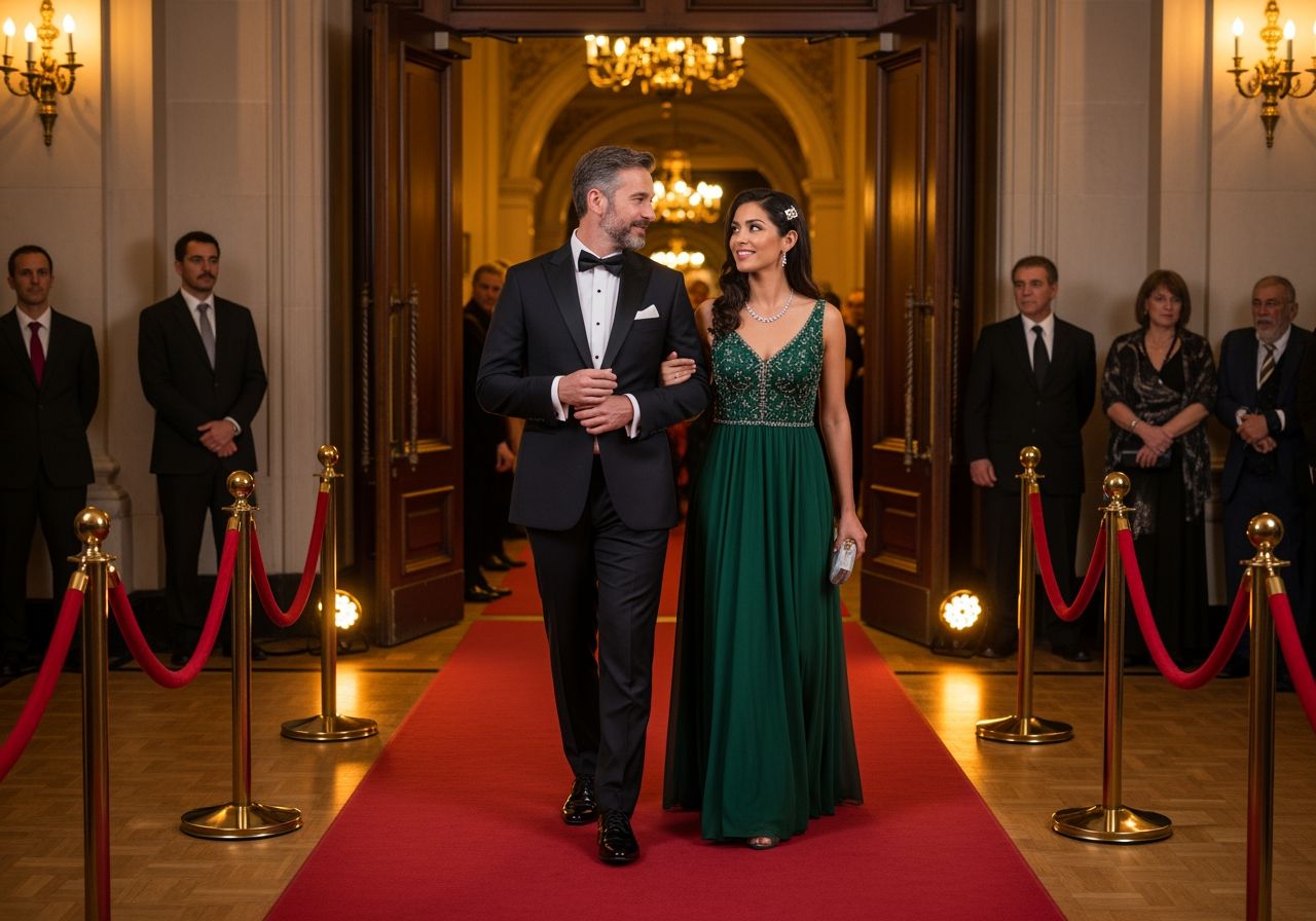 Muž v černém obleku upravuje manžety, žena v večerních šatech na červeném koberci.