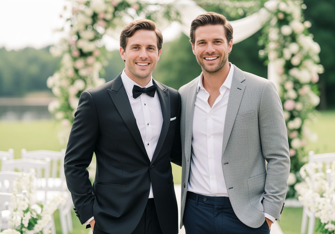 Dva muži na svatbě, jeden v černém smokingu, druhý v šedém saku, usmívají se v elegantním prostředí.