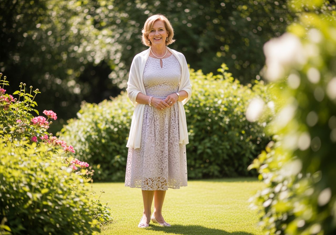 Elegantní žena na svatbě v zahradě s šaty, šátkem a šperky, usmívající se na slunci.