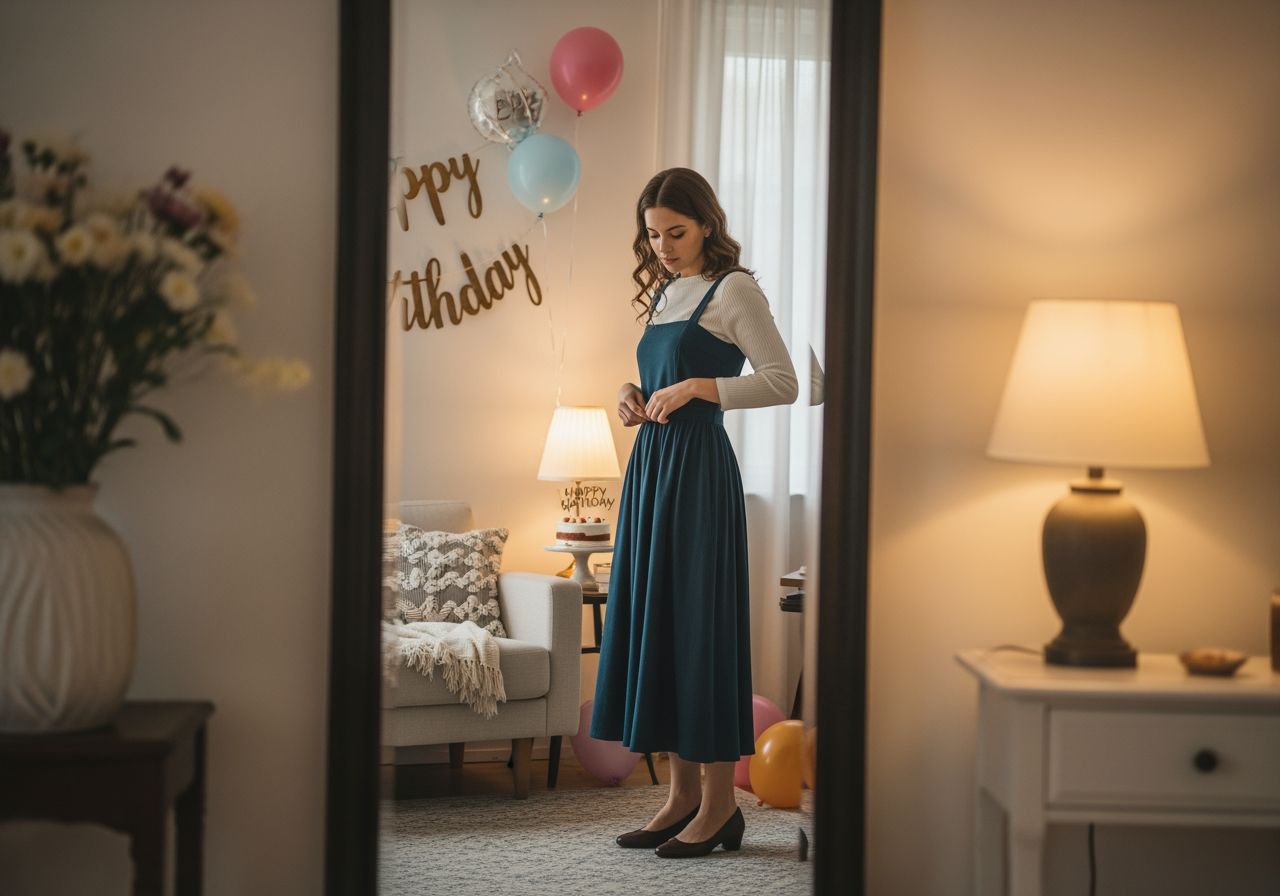 Mladá žena si upravuje šaty před zrcadlem v obýváku připraveném na narozeninovou oslavu.