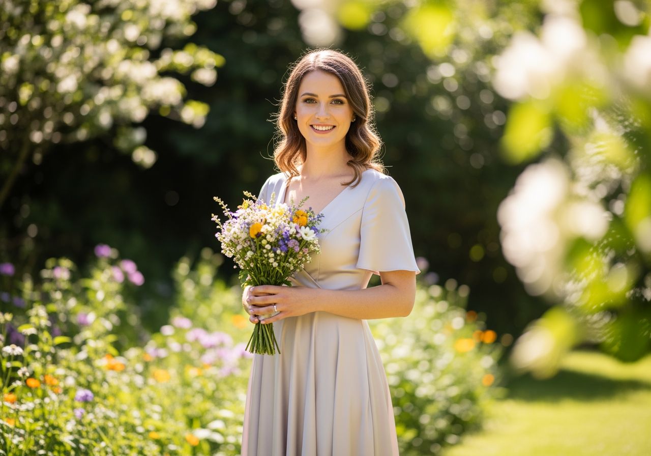 Družička v pastelové saténové šatech drží kytici divokých květin v slunečné zahradě.
