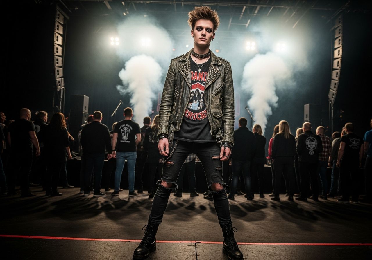 Mladý fanoušek v kožené bundě a rockovém tričku na koncertu s barevnými světly a dýmem