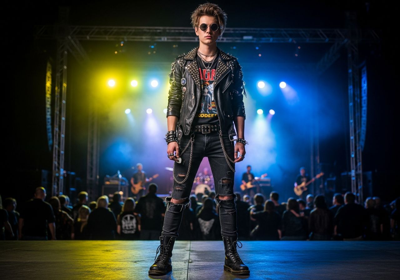 Mladý člověk v kožené bundě a slunečních brýlích před barevným pódiem rockového koncertu s kytarovým trsátkem.