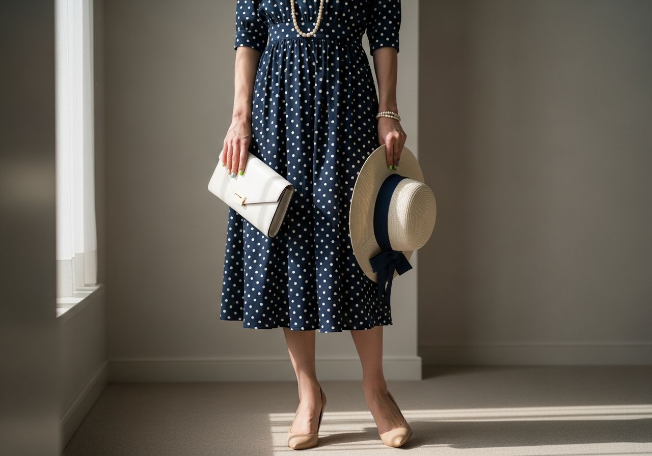 Žena v tmavě modrých šatech s puntíky drží bílý klobouk v neutrálním osvětleném pokoji