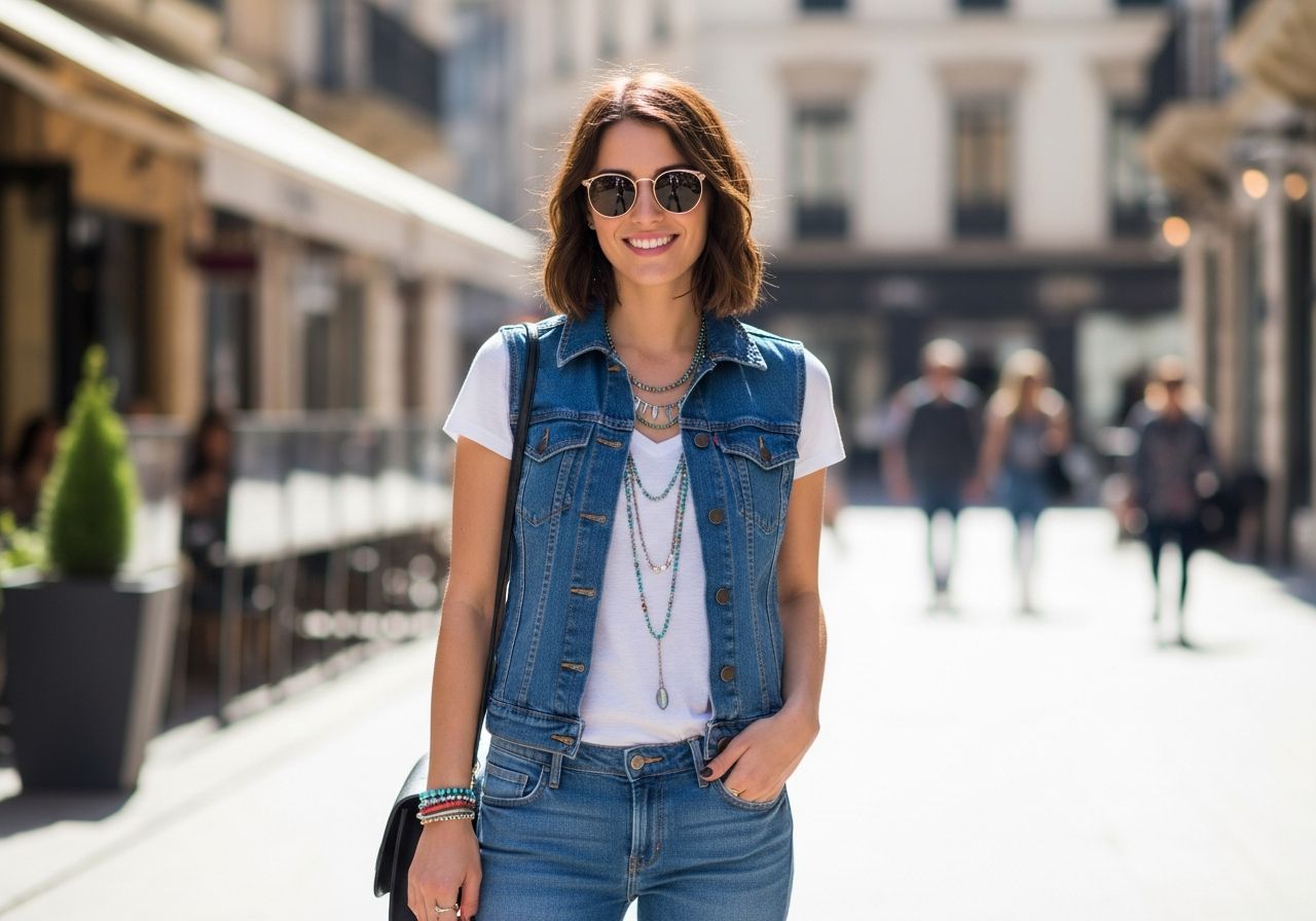 Mladá žena v džínové vestě a tričku pózuje na ulici s kavárnami a lidmi v pozadí.