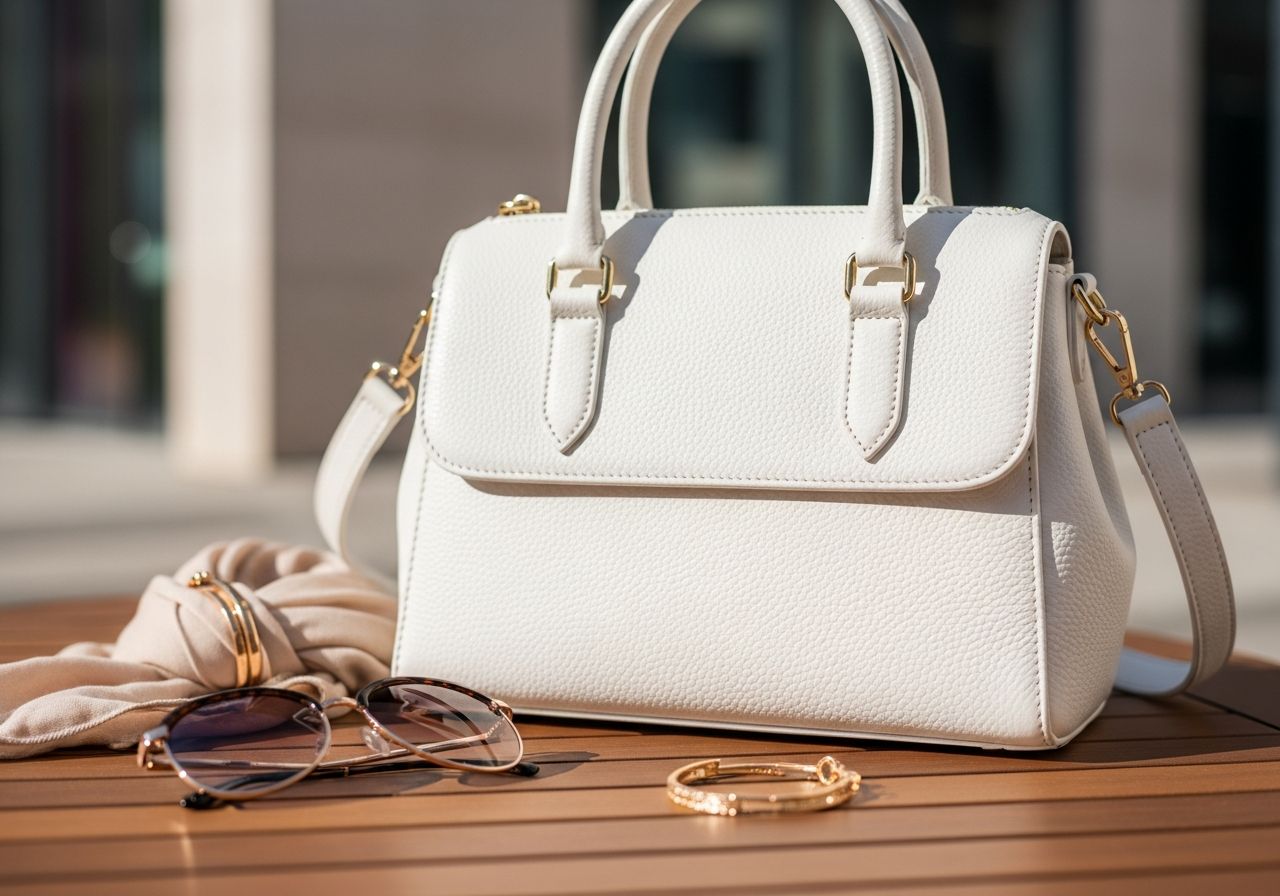 Bílá kožená kabelka na dřevěném stole s brýlemi, náramkem a šálou, městské pozadí, detailní textura kůže