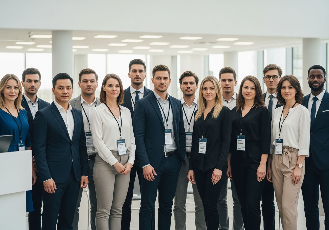 Skupina profesionálů v konferenční hale v různém pracovním oblečení při odborné akci