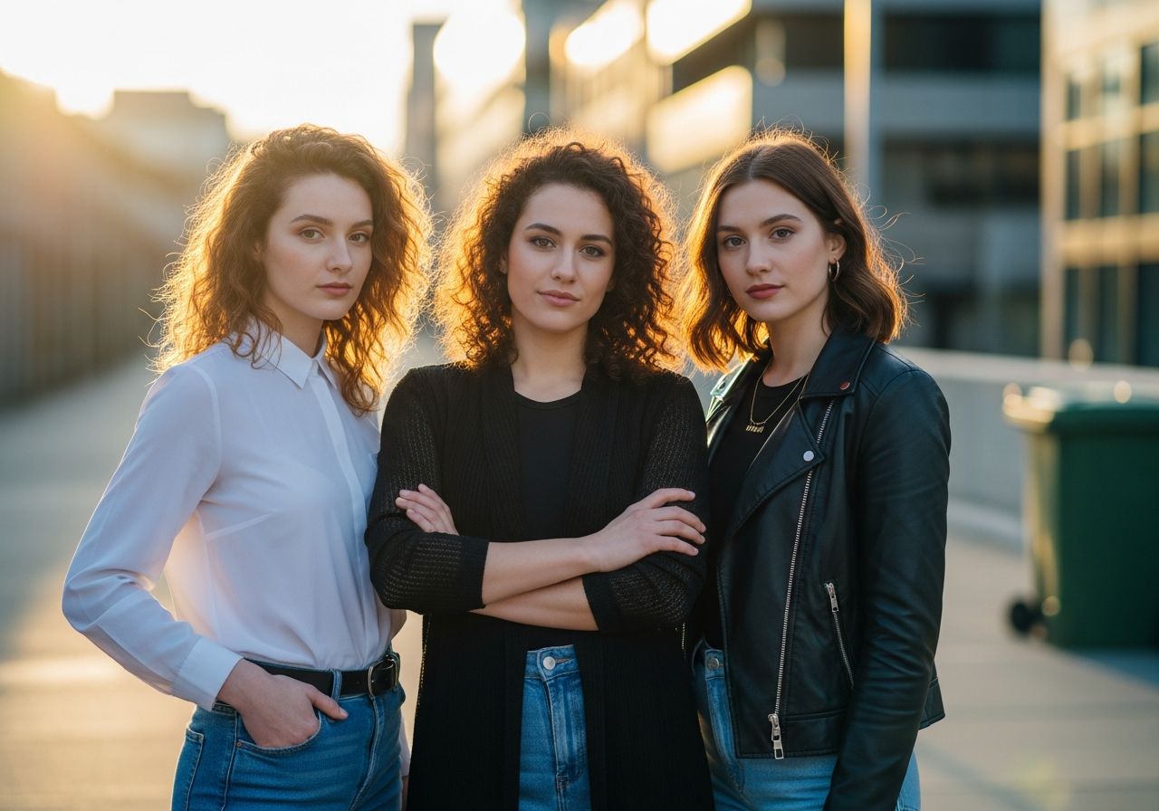 Tři mladé ženy s různými účesy a styly v městském prostředí za zlaté hodiny.
