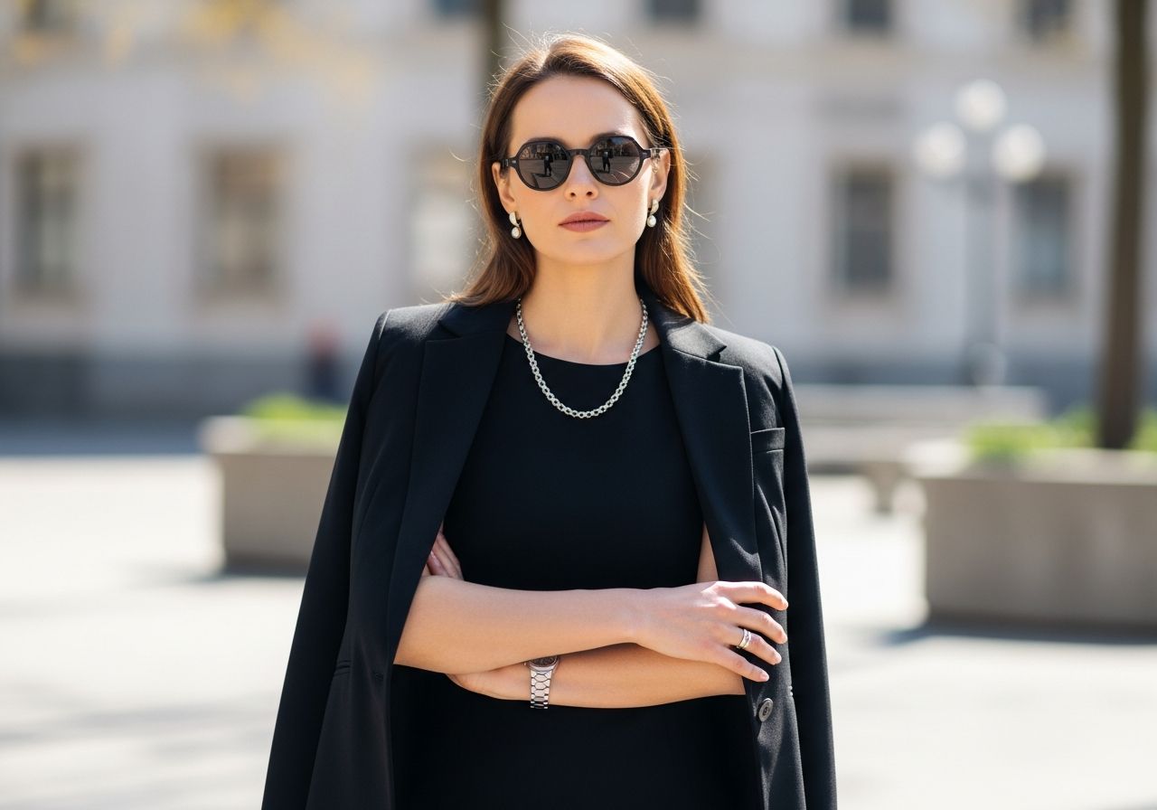 Žena v černých šatech a saka, stojící ve městě s ostrým zaměřením na detaily oblečení.