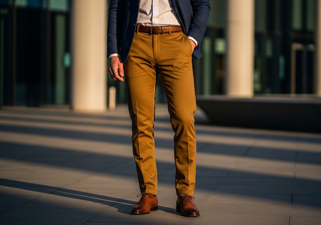 Muž v okurkovožlutých kalhotách a modrém saku stojí ve městě za zlaté hodiny