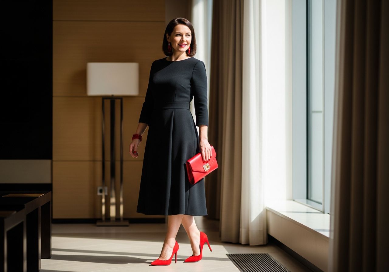 Žena v černých šatech se červenými doplňky v moderním interiéru u okna s přirozeným světlem