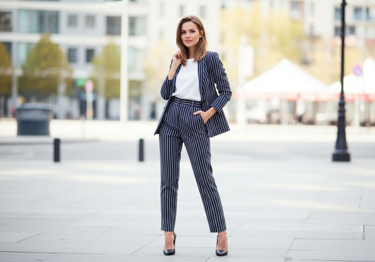 Malá žena ve městě v pruhovaném oblečení stojí s mírným úsměvem a přirozeným postojem.