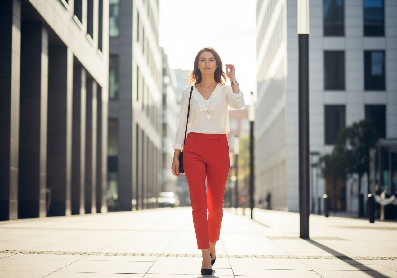 Mladá žena v červených kalhotách a bílé blůze kráčí městem za slunečného dne.