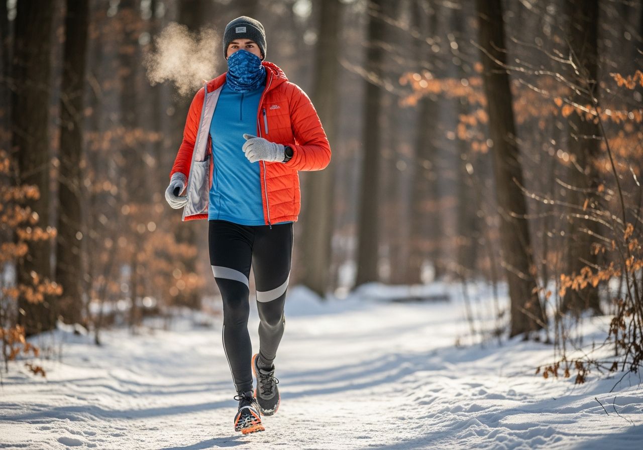 Běženec v zimním oblečení běží po zasněžené lesní cestě za denního světla