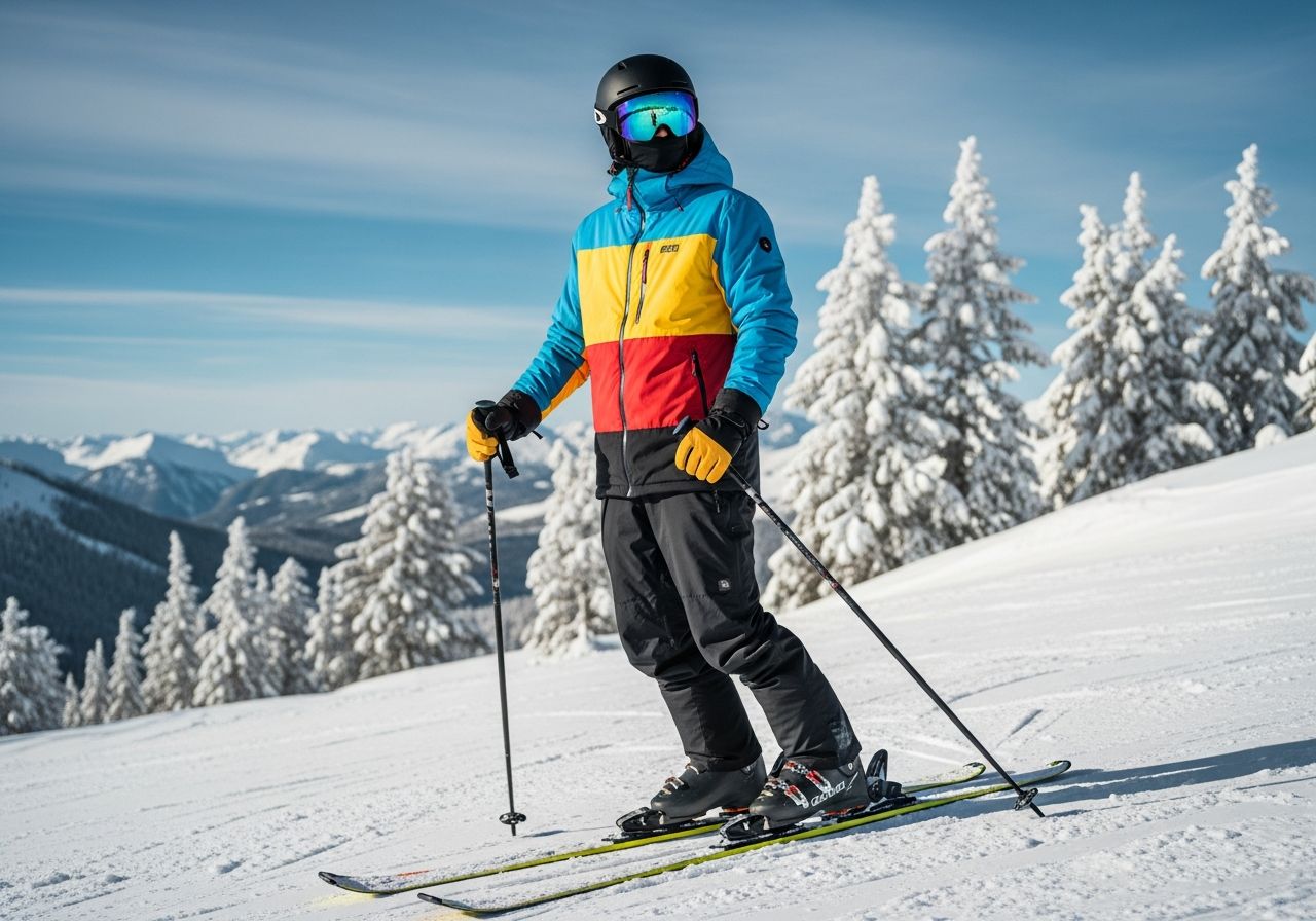 Osoba v moderním lyžařském vybavení stojí na zasněženém svahu s lyžemi a holemi.
