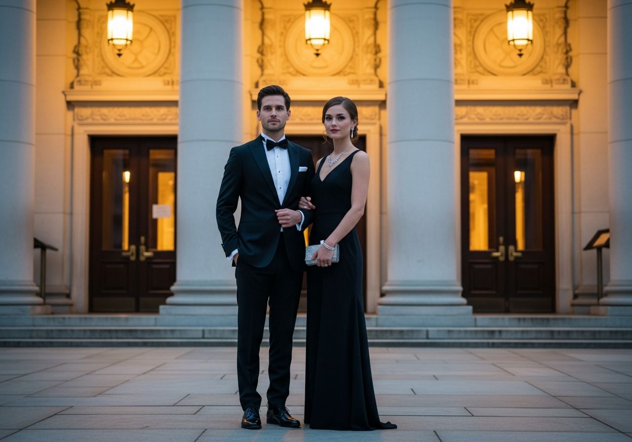 Elegantní pár před vstupem do klasického koncertního sálu večer, oblečený pro formální událost