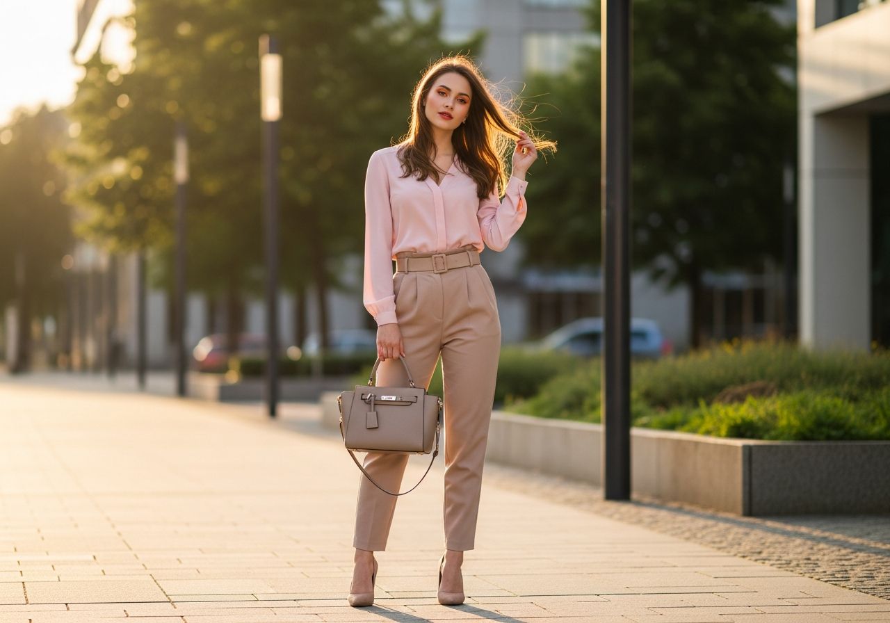 Mladá žena v růžové blůze a béžových kalhotách stojí ve městě za zlaté hodiny s kabelkou v ruce.
