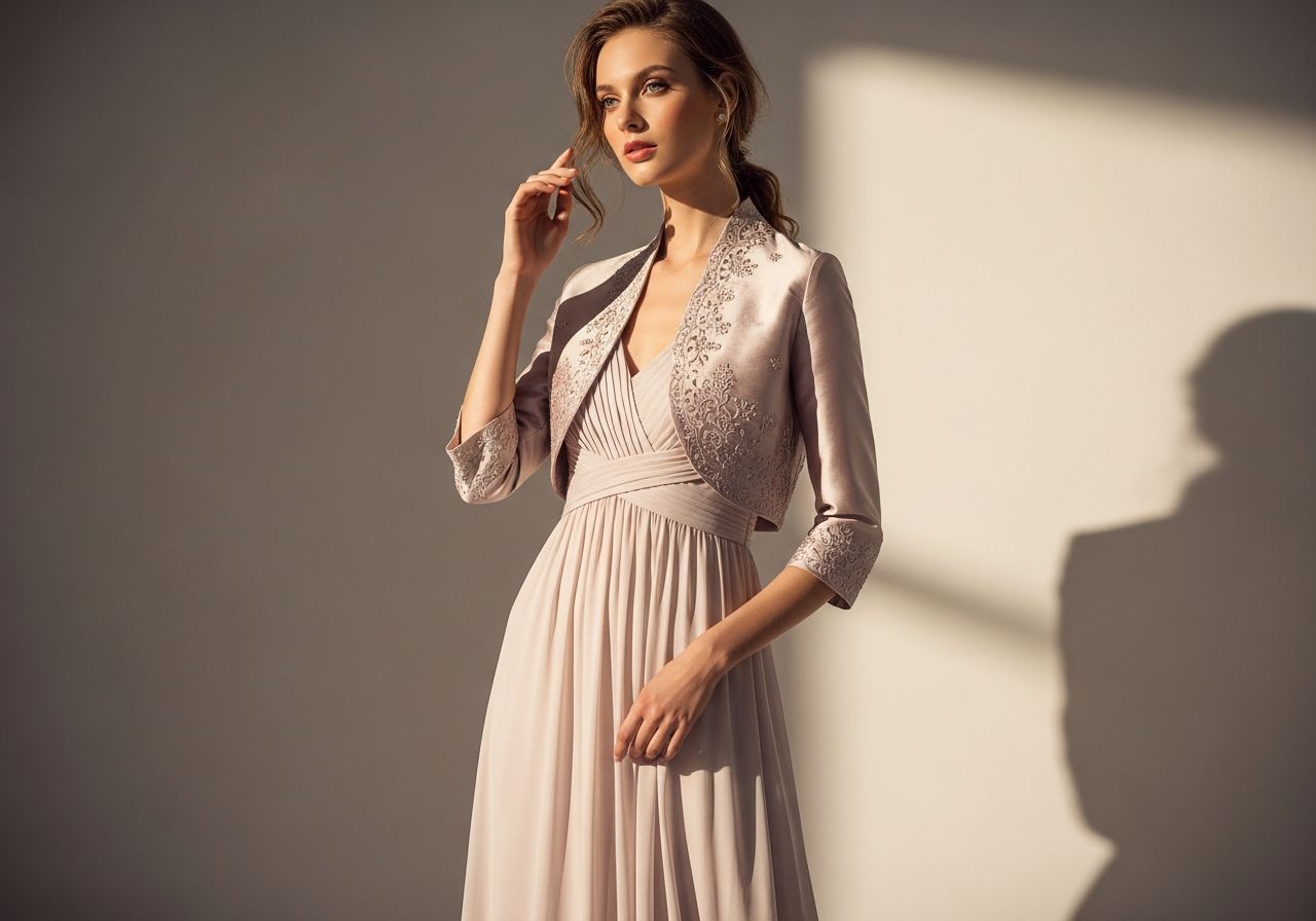 Mladá žena ve světle pastelové dlouhé šatech s lehkým bolerkem v neutrálním studiu.