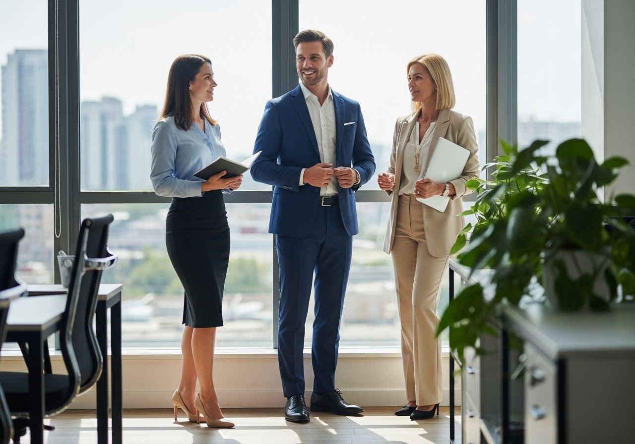 Tři profesionálové diskutují u velkého okna v moderní kanceláři s výhledem na město.