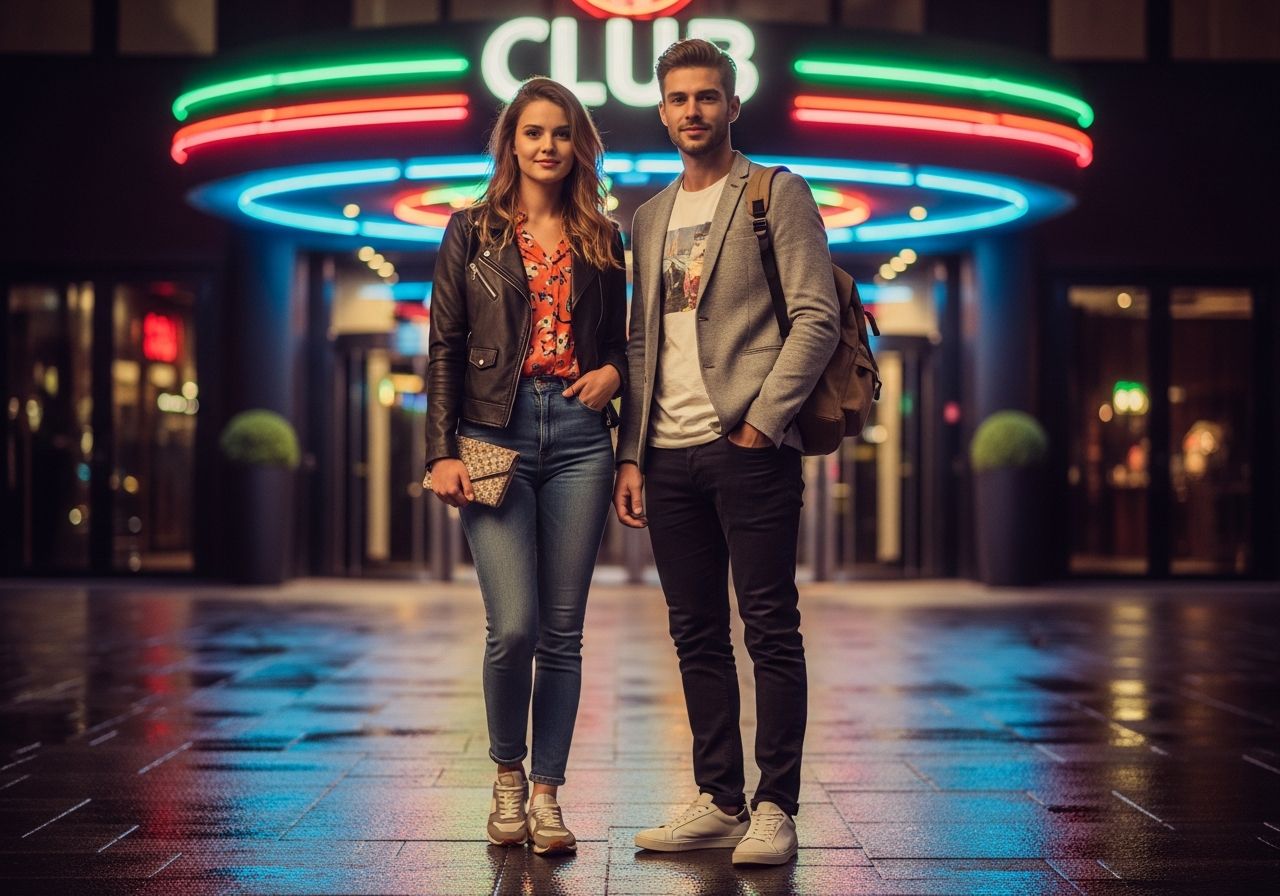Mladý pár před moderním nočním klubem s neony, v uvolněném oblečení, večerní atmosféra města.