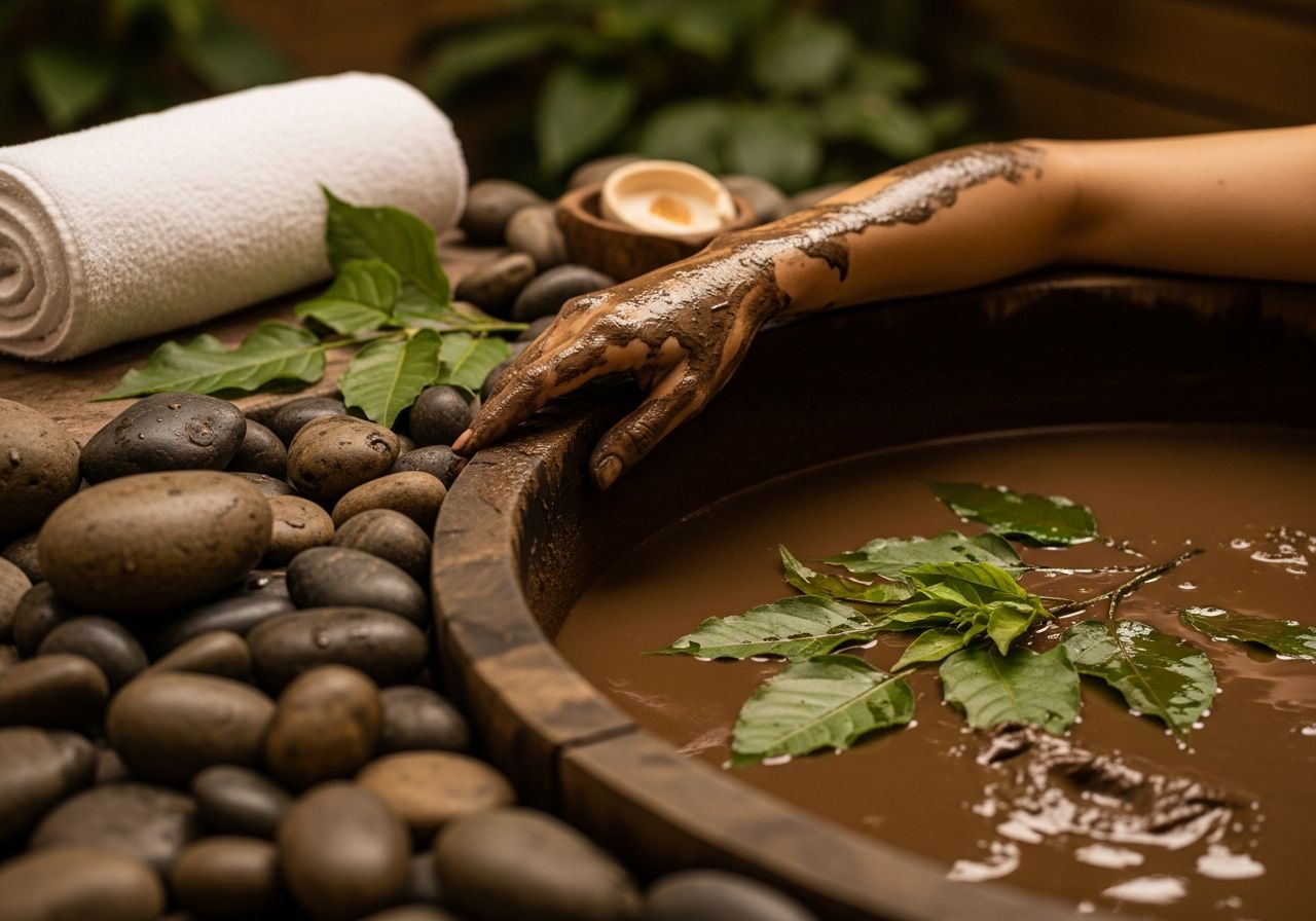 Blízký záběr přírodní bahenní koupele v dřevěné vaně s kameny a zelenými rostlinami.