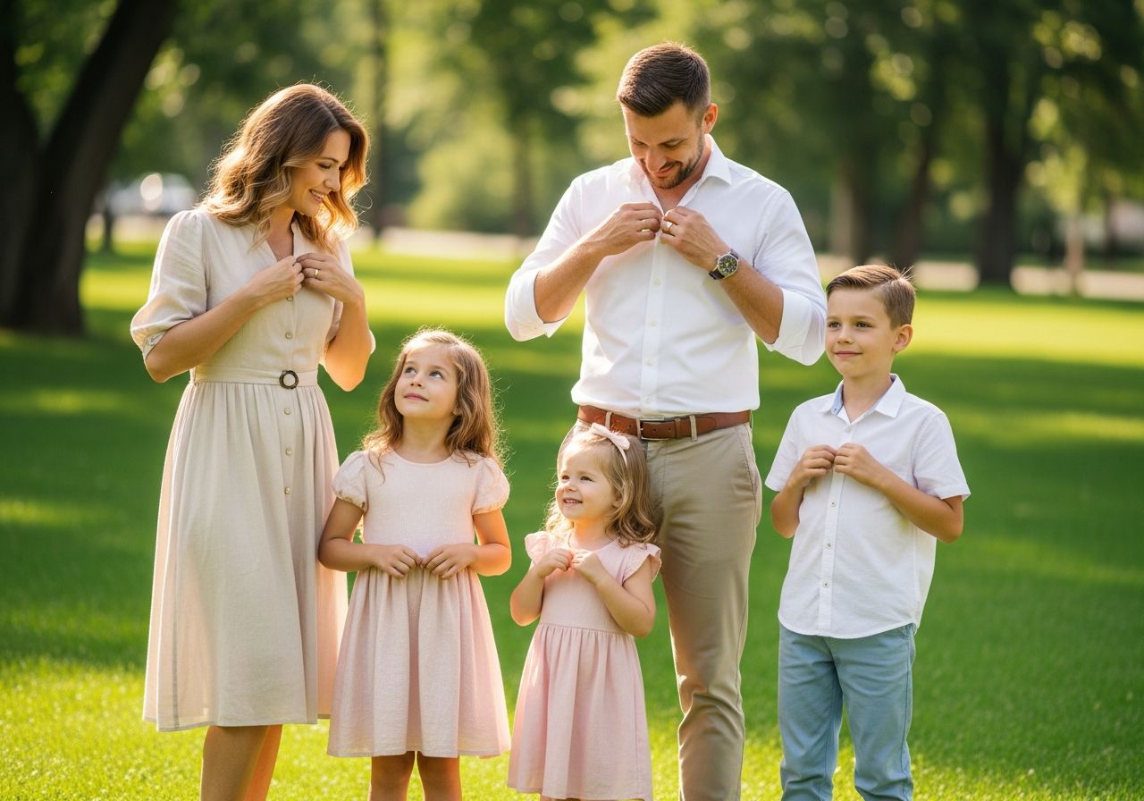 Šťastná rodina čtyř lidí na louce připravující se na venkovní focení v pastelových barvách