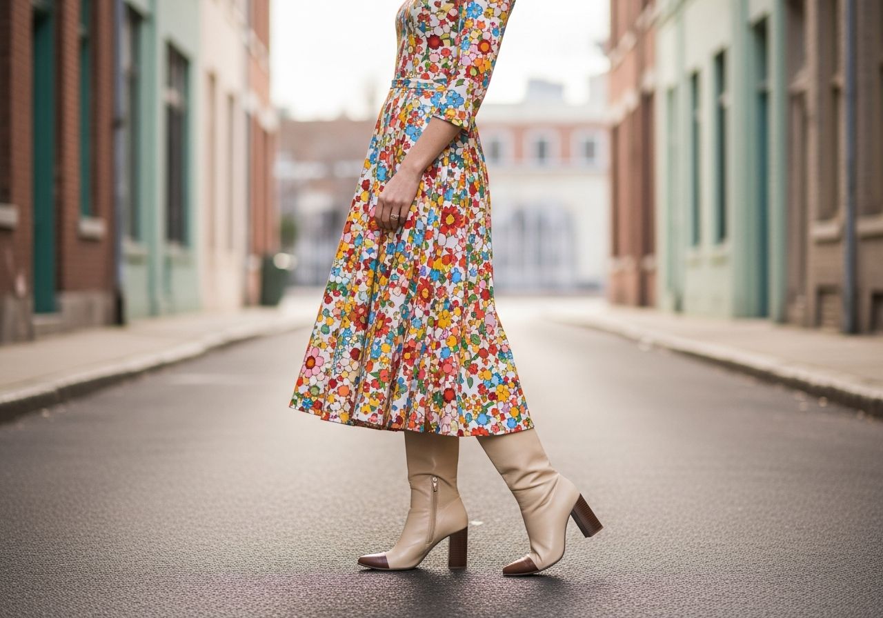 Žena v retro květovaných kalhotách a botách s podpatkem na městské ulici ve vintage stylu