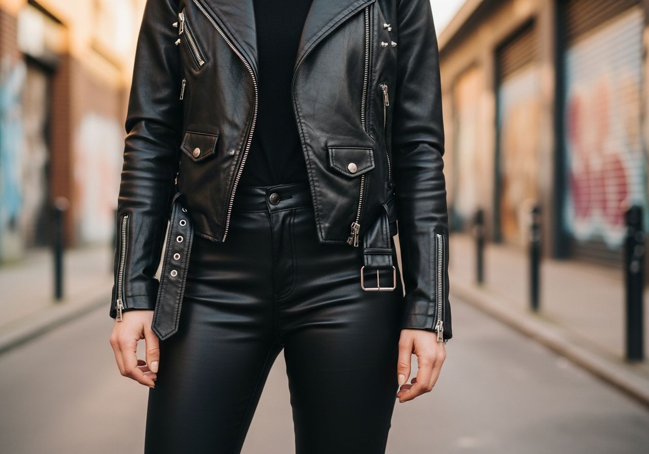 Žena v černých kožených kalhotách a bundě stojí na městské ulici s graffiti na pozadí.