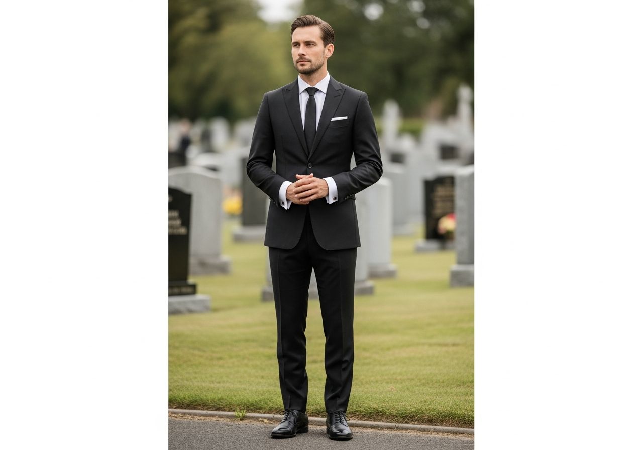 Muž v černém obleku stojí u hrobu na pohřbu v klidném venkovním prostředí.