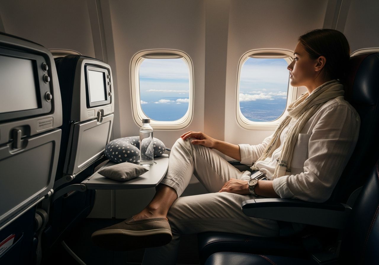 Mladý cestovatel sedí v letadle u okna s výhledem na turecké pobřeží, oblečený pohodlně na cestu.